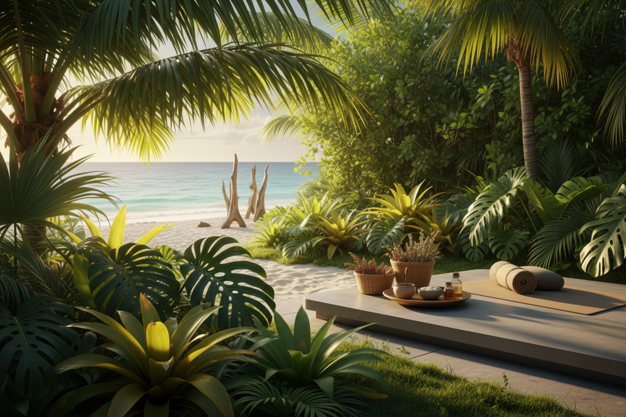 Caribbean-inspired wellness scene, tropical landscape with palm leaves, soft sunlight, calm ocean or greenery in the background, peaceful and natural atmosphere, modern and elegant style, no people, no text