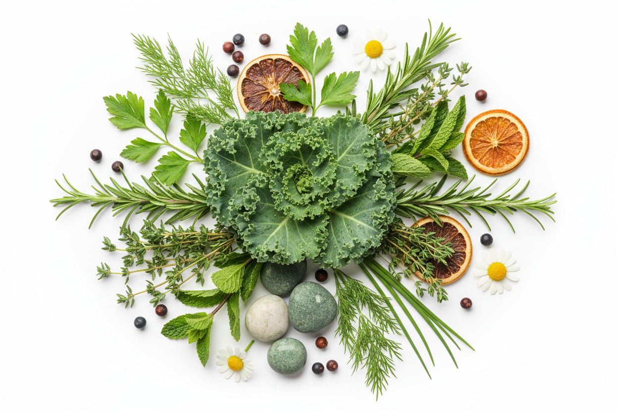 Close-up of natural wellness ingredients, green leaves, herbs, botanical elements, clean background, fresh and organic look, soft lighting, premium wellness brand style, no text, no labels, high resolution